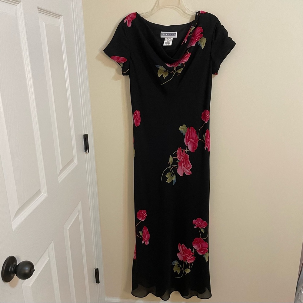 Vintage Jessica Howard Black Maxi Dress with Pink Floral Design Women’s Size 12